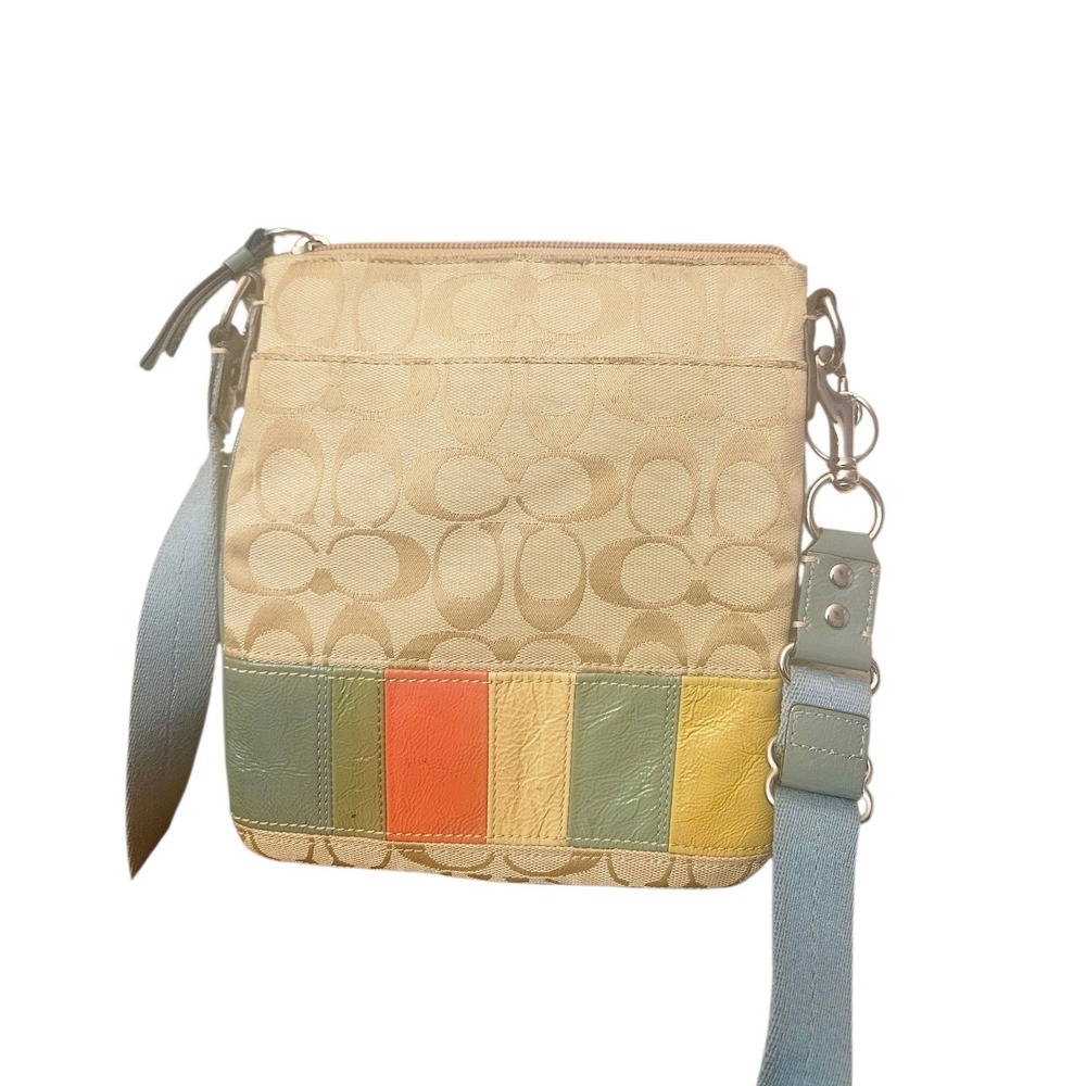 Coach Signature Stripe Canvas Crossbody Bag Tan Multi‎ Color Leather Trim